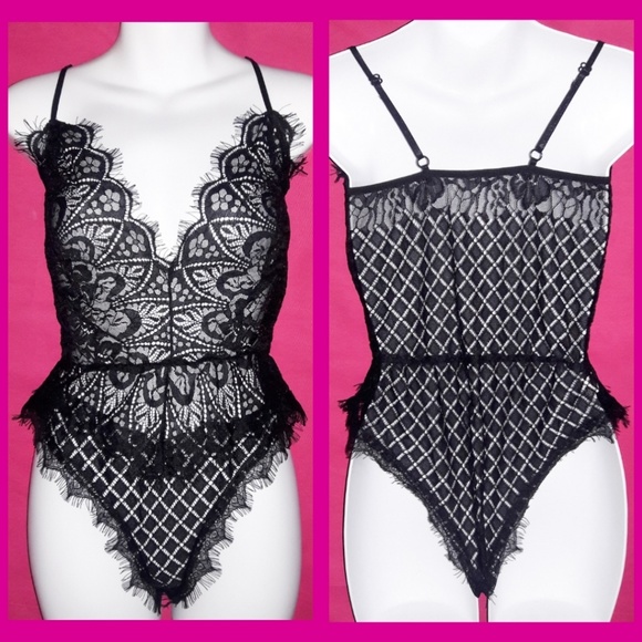 Black Geometric Eyelash Lace Bodysuit Romper Teddy - Picture 2 of 7